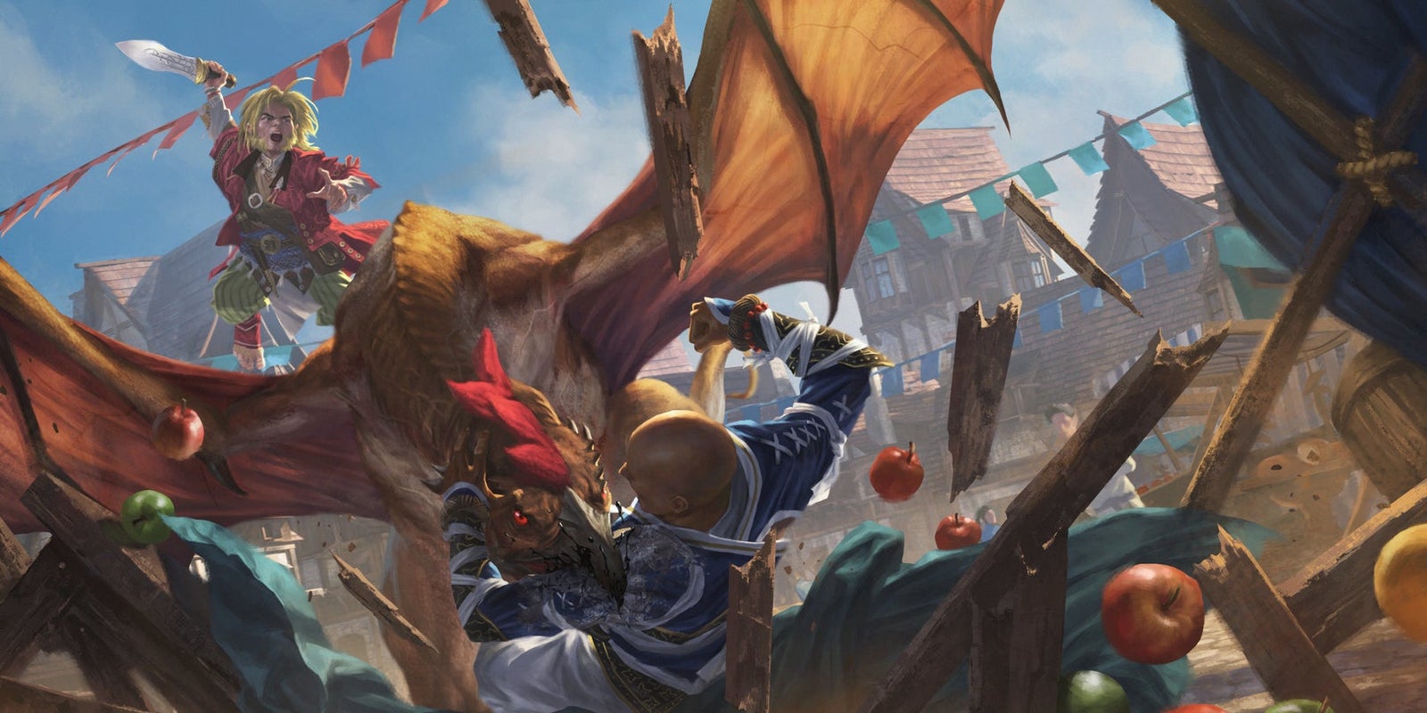 Pathfinder Iconics Lem the bard and Sajan the monk battle a monster in a town market