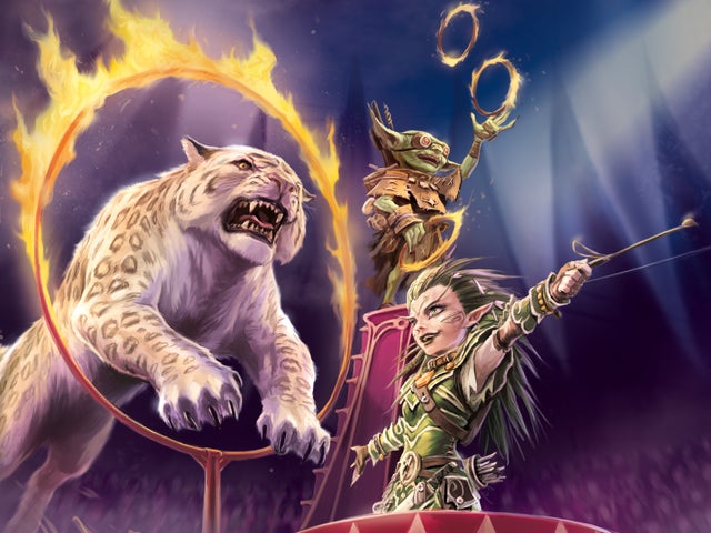 Iconic druid Lini, a green haired gnome, holds her arms out to show off a large snow leopard jumping through a flaming hoop. In the background, goblin alchemist, Fumbus, juggles much smaller flaming hoops