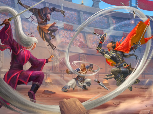 Pathfinder iconics Jirelle and Sajan face off against a hooded tengu and a robed woman with long white hair she is using to attack Sajan