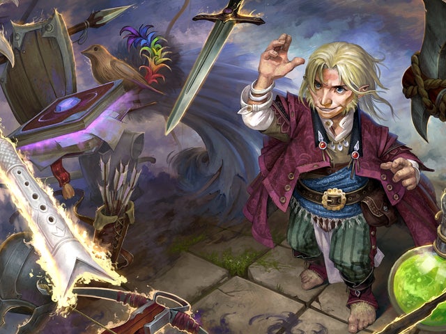 Pathfinder iconic bard Lem stands surrounded by a number of floating objects including his flute, a crossbow, a glowing book, and his short sword