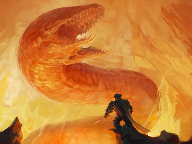 A dwarf facing a giant, fanged worm in a flaming cave