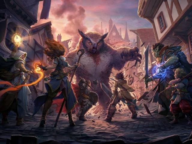The player characters and companions stand against a large owlbear raging down cobblestone city streets