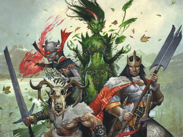 Three figures face the viewer, on the left a red eyed cyclops lichee, in the middle a green plantlike woman, and a human king holding a halberd