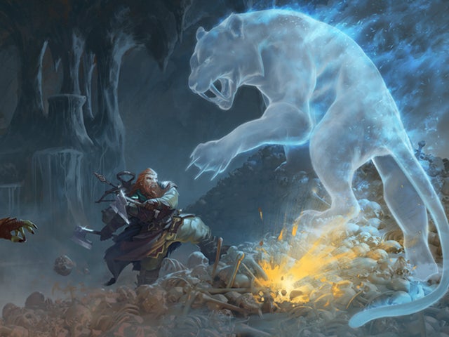 Fumbus and Harsk battle a glowing saber tooth cat