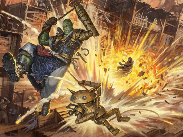 iconic inventor, Droven and their automaton, Whirp jumping away from an explosion