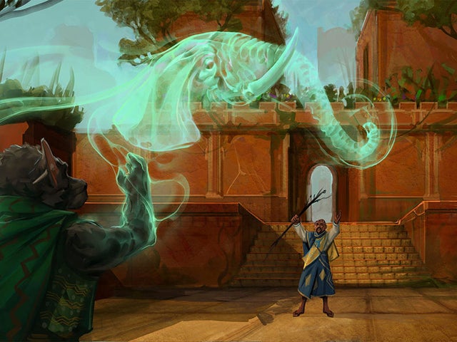 Two magic users summoning a glowing green light in the shape of an elephant 