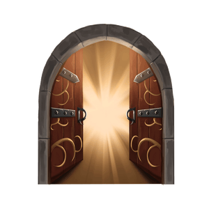 A pair of ornate double doors opening inward to reveal a radiant light beyond, symbol of the Envoys' Alliance.