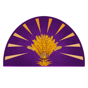 A purple half-circle bordered with golden rays emanating from a sheaf of wheat in the center, symbol of the Radiant Oath.